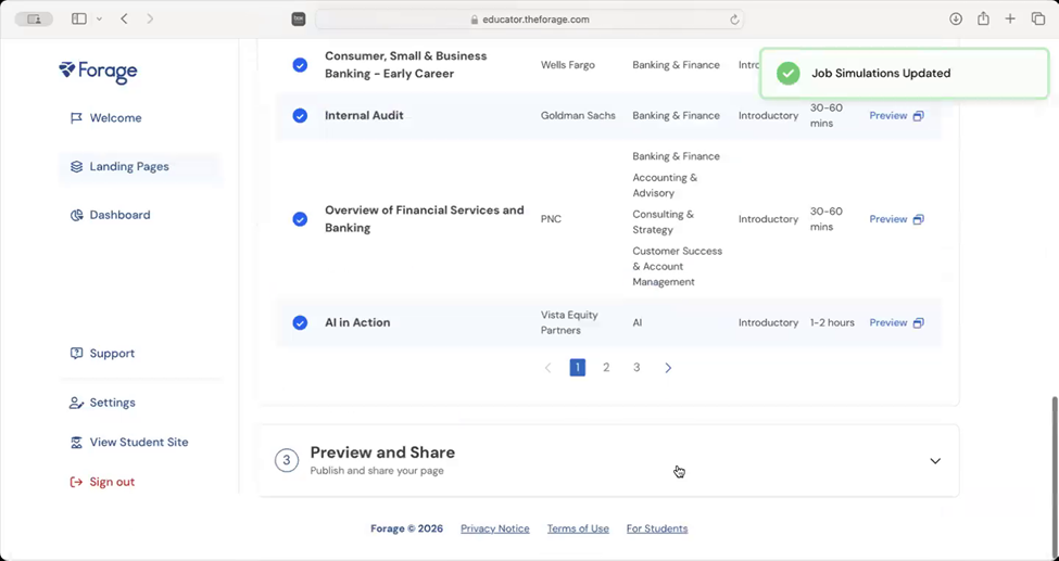 Job Simulation Selection Page