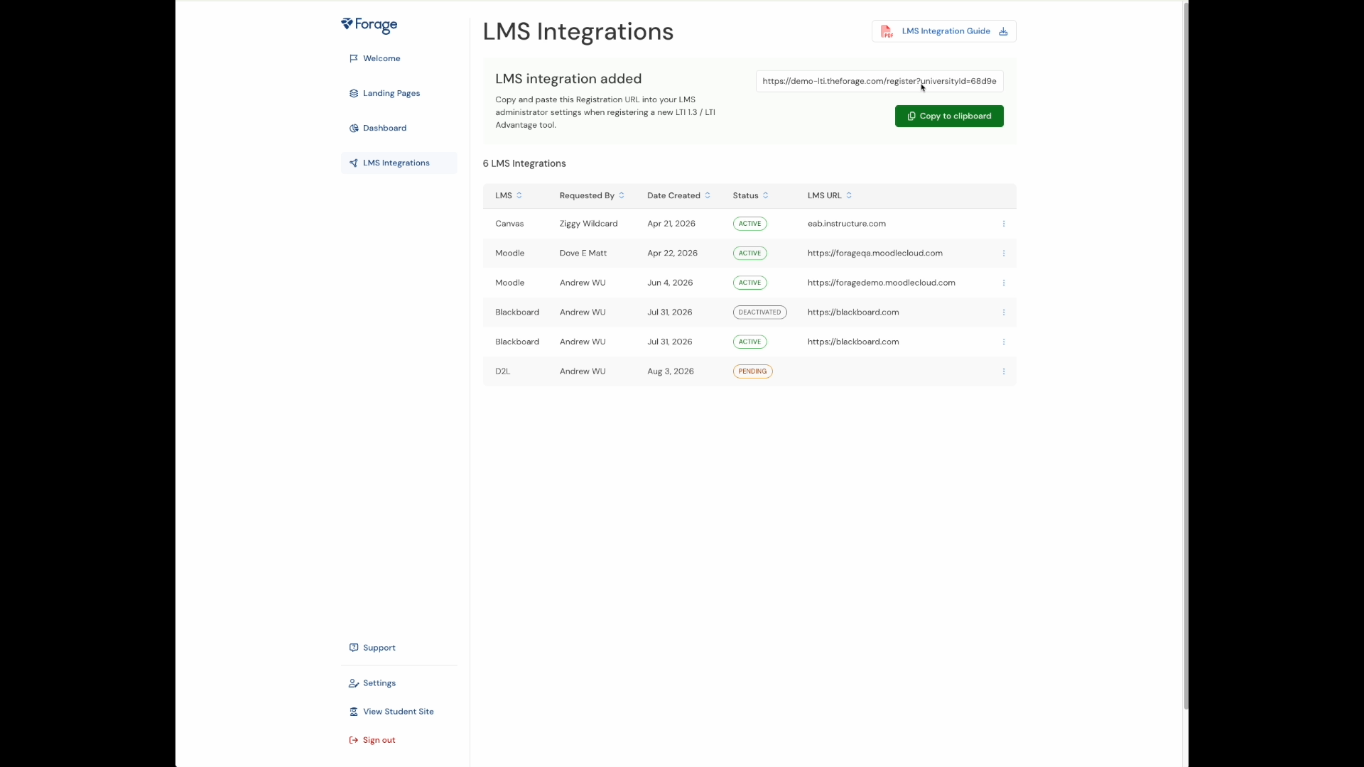 Registration URL created successfully