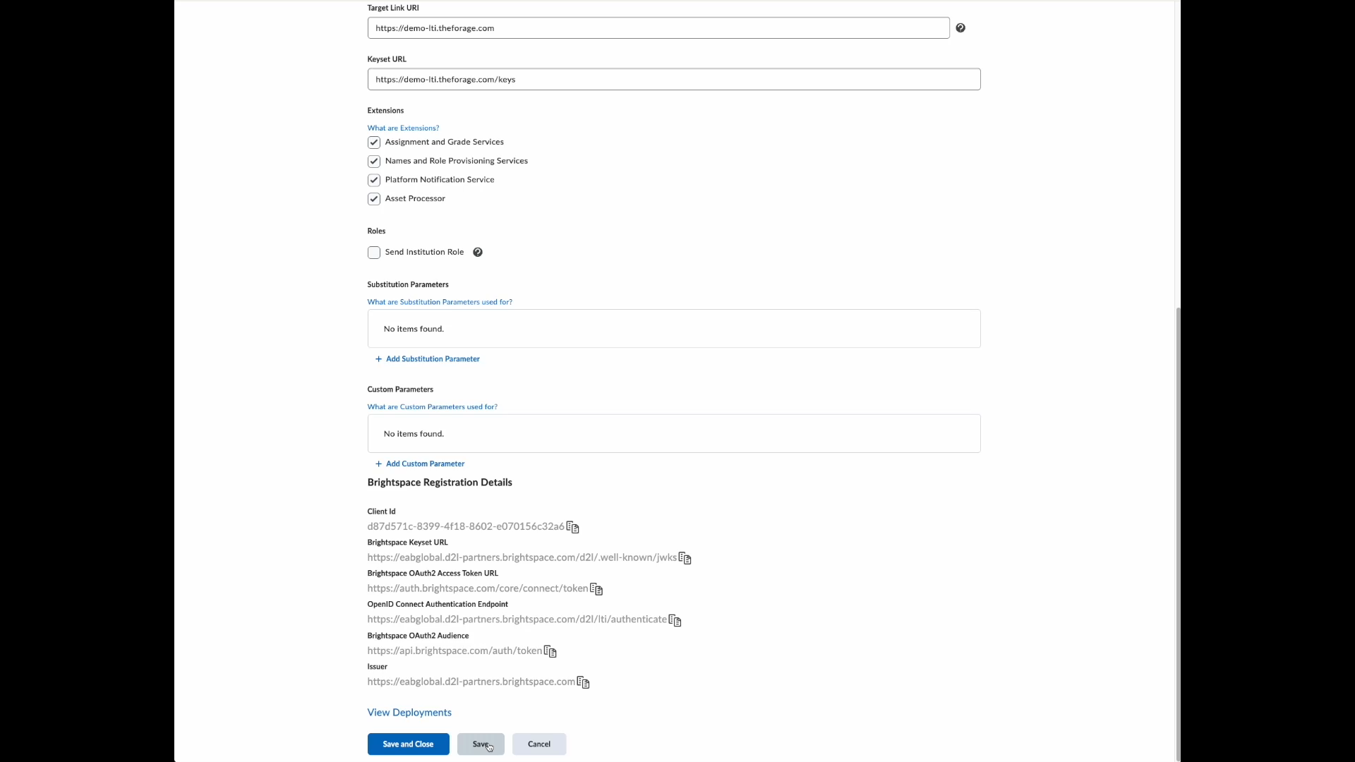 Brightspace Registration Details (Client ID and endpoints)