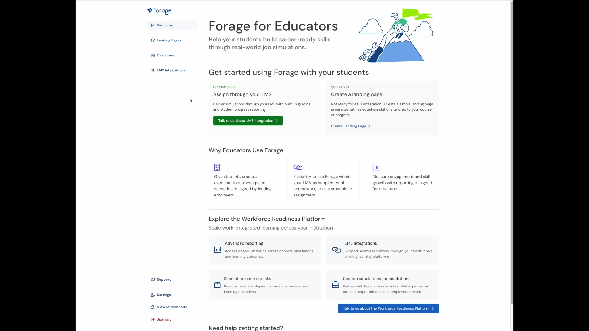 LMS Integrations page in Forage for Educators